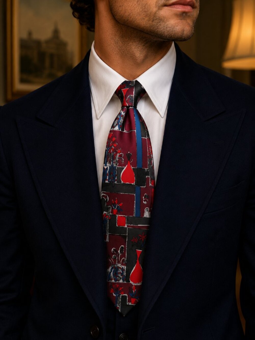 Vintage Vanzon 100% Silk Tie NOS Abstract Vase‎ Floral Burgundy Red 4” Wide